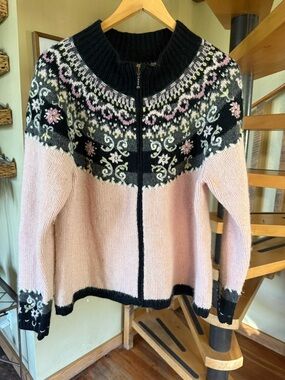 Icelandic Design | Pastel Pink and Black Nordic Zip-Front Women's Sweater XL